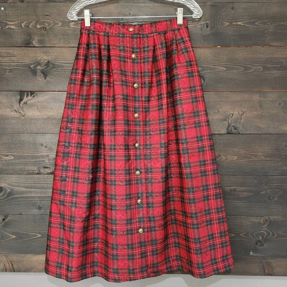 Vintage 80s Red Plaid Midi Pocket Skirt S/M 25